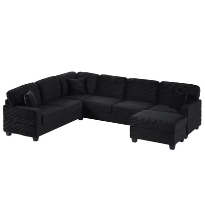Upholstered U-shaped two-piece sectional sofa with movable ottoman in black ribbed fabric on Tampa Home & Garden Store