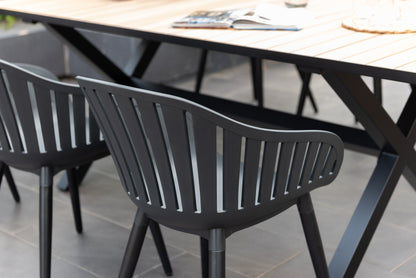 Panama dark rectangular table with six Nassau black aluminum chairs patio dining set on Tampa Home & Garden Store