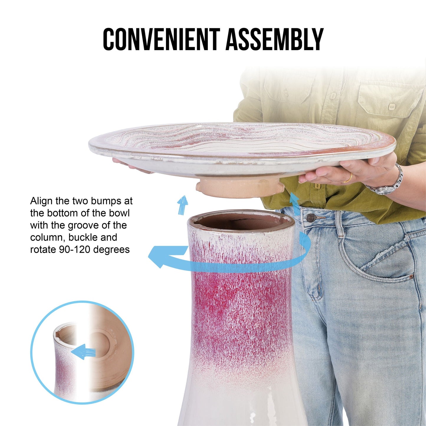 Birdbath for patio and garden white pink ceramic pedestal bowl being assembled HouseOfZazla on Tampa Home & Garden Store