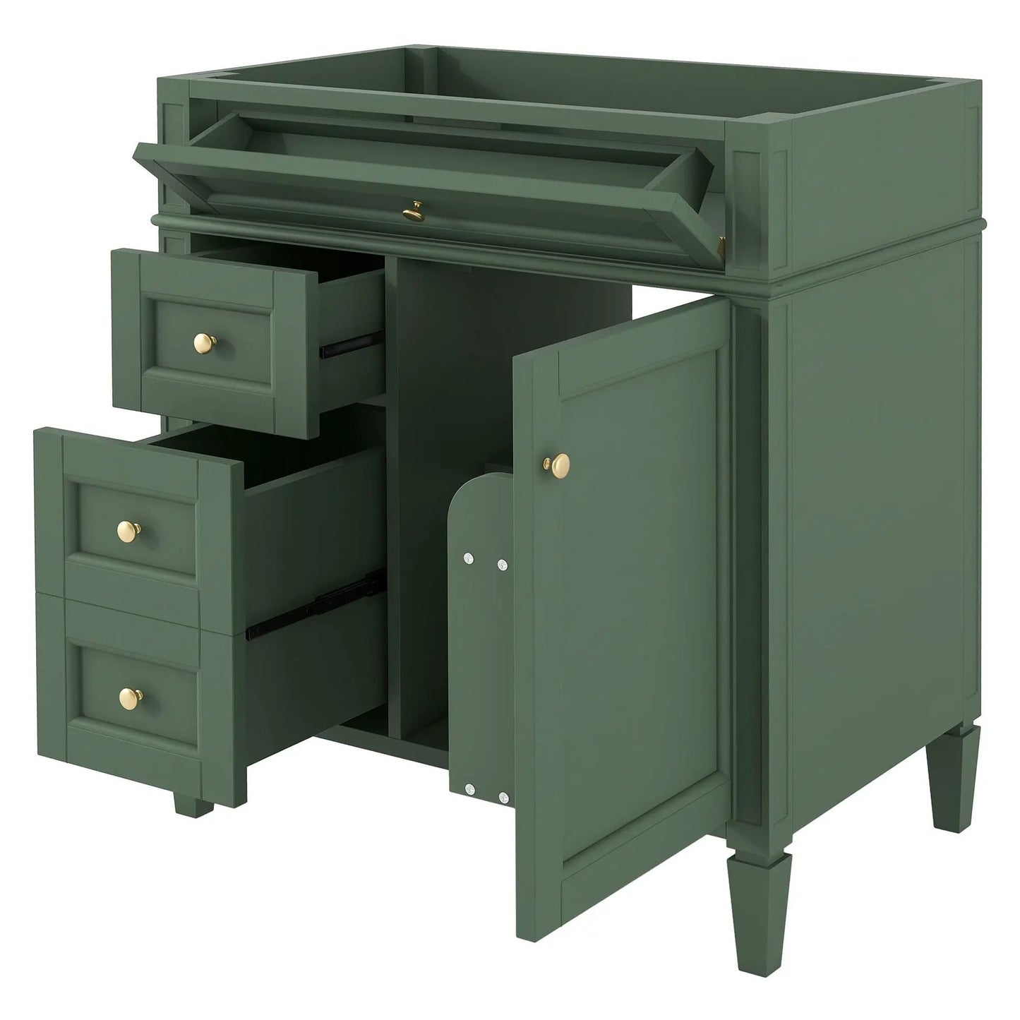 Green bathroom vanity base with tip-out drawer, multiple drawers and brass knobs on Tampa Home & Garden Store