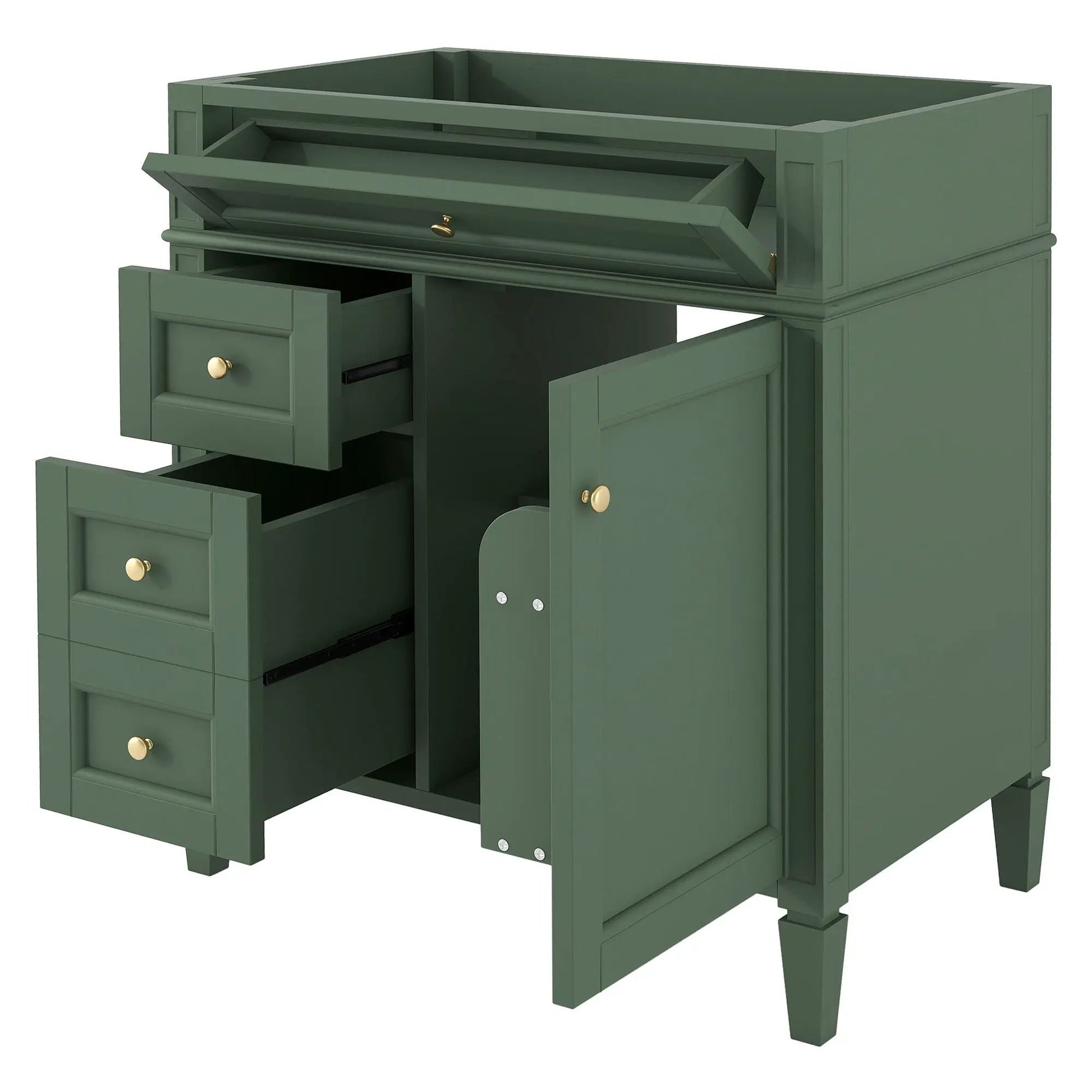 Green bathroom vanity base with tip-out drawer, multiple drawers and brass knobs on Tampa Home & Garden Store