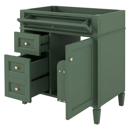 Green bathroom vanity base with tip-out drawer, multiple drawers and brass knobs on Tampa Home & Garden Store