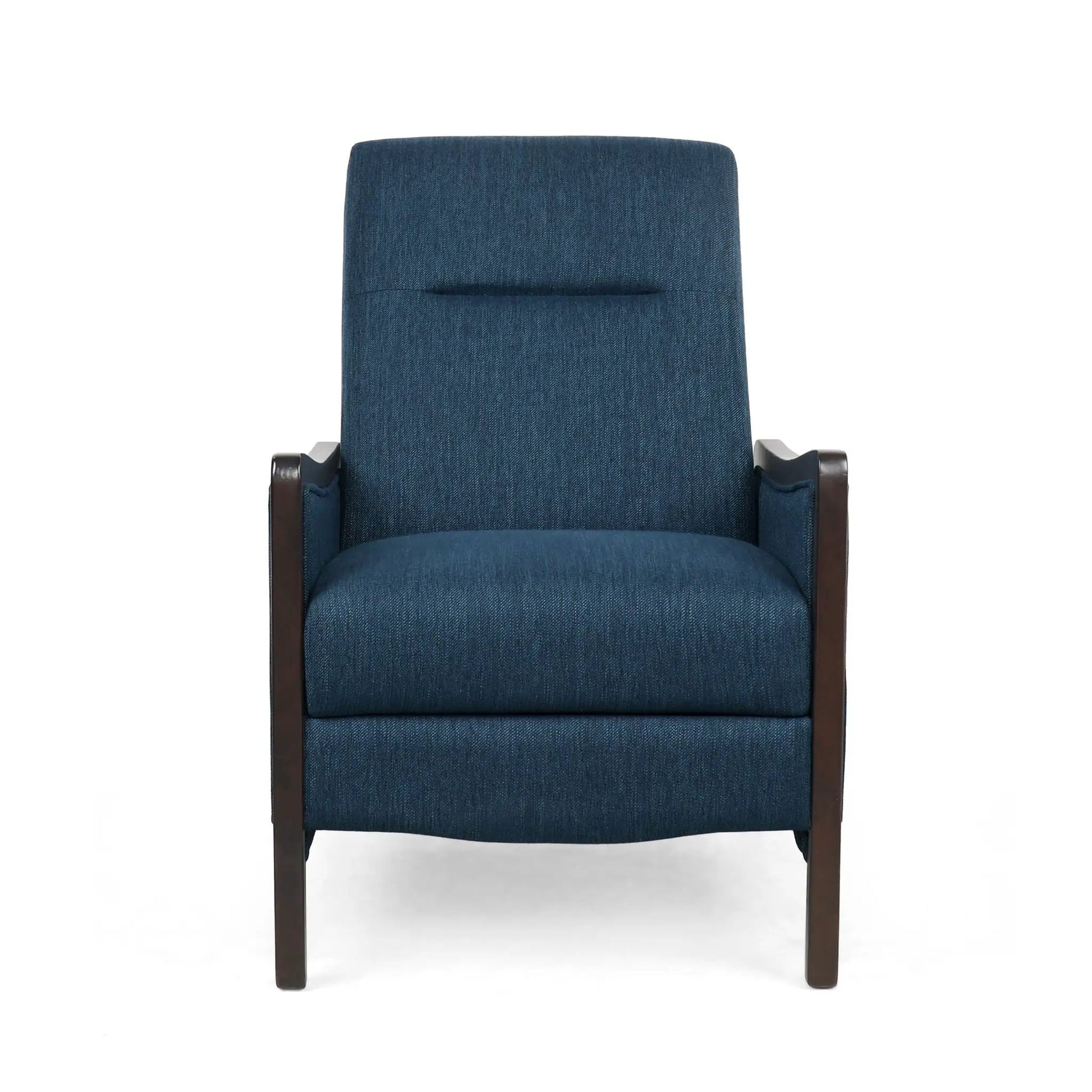 Drury Contemporary Fabric Upholstered Pushback Recliner in blue denim with dark wood arms on Tampa Home & Garden Store