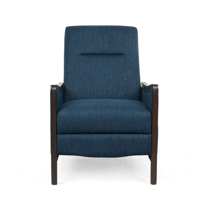 Drury Contemporary Fabric Upholstered Pushback Recliner in blue denim with dark wood arms on Tampa Home & Garden Store