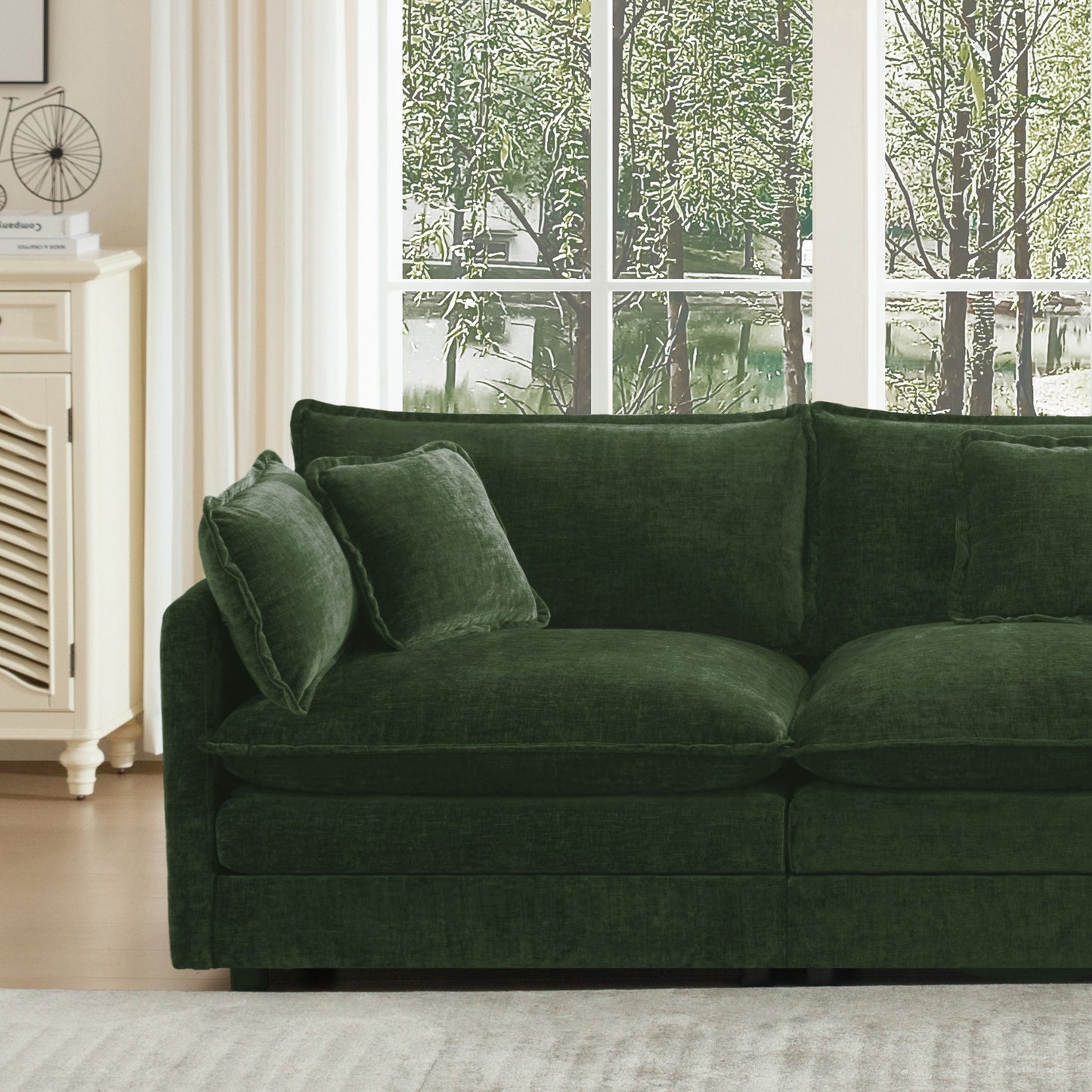 U-Shaped sectional sofa in green velvet with plush cushions and reversible footrest on Tampa Home & Garden Store