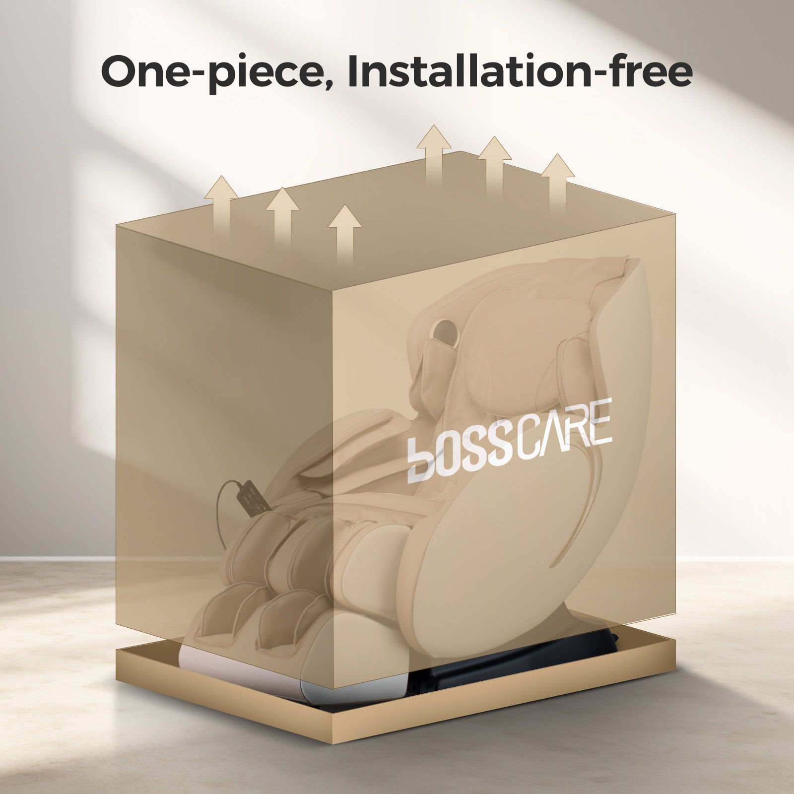 Bosscare 3D Zero Gravity Massage Chair boxed display, cream recliner with Bosscare branding on Tampa Home & Garden Store