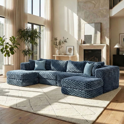 Modular sectional sofa with 2 movable ottomans in blue textured fabric HouseOfZazla 3-piece set on Tampa Home & Garden Store