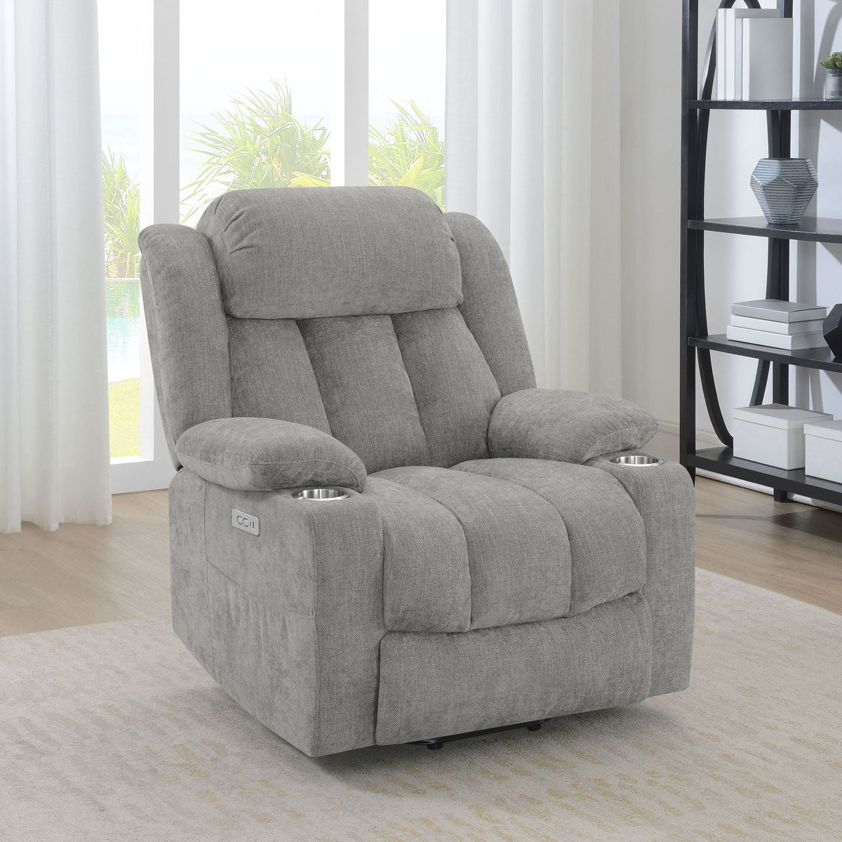 Beca upholstered power lift recliner gray fabric with cupholders and USB charging on Tampa Home & Garden Store