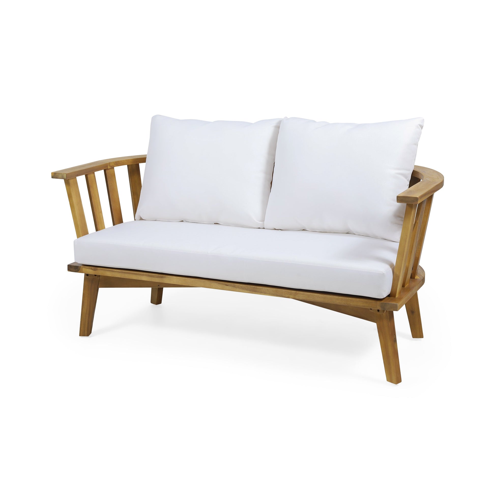 2-Person outdoor acacia wood patio seating group with white cushions and coffee table on Tampa Home & Garden Store