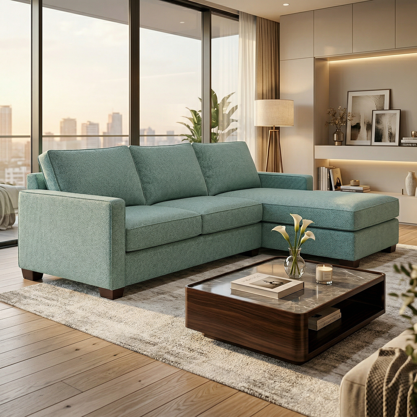 Modena Sectional Sofa by HouseOfZazla in teal fabric, customizable L-shaped configuration on Tampa Home & Garden Store
