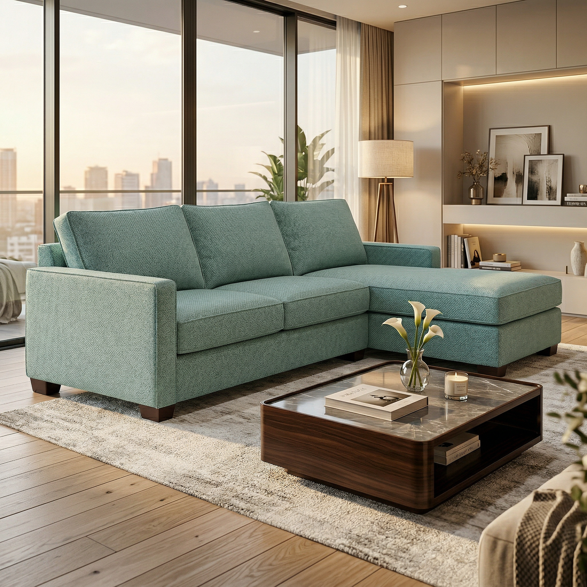 Modena Sectional Sofa by HouseOfZazla in teal fabric, customizable L-shaped configuration on Tampa Home & Garden Store