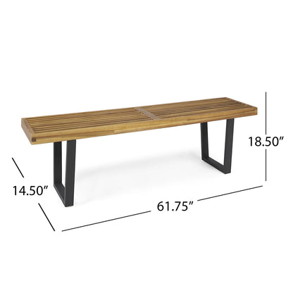 Intrinsic Outdoor Dining Bench With Slat Top in natural wood with black metal legs on Tampa Home & Garden Store