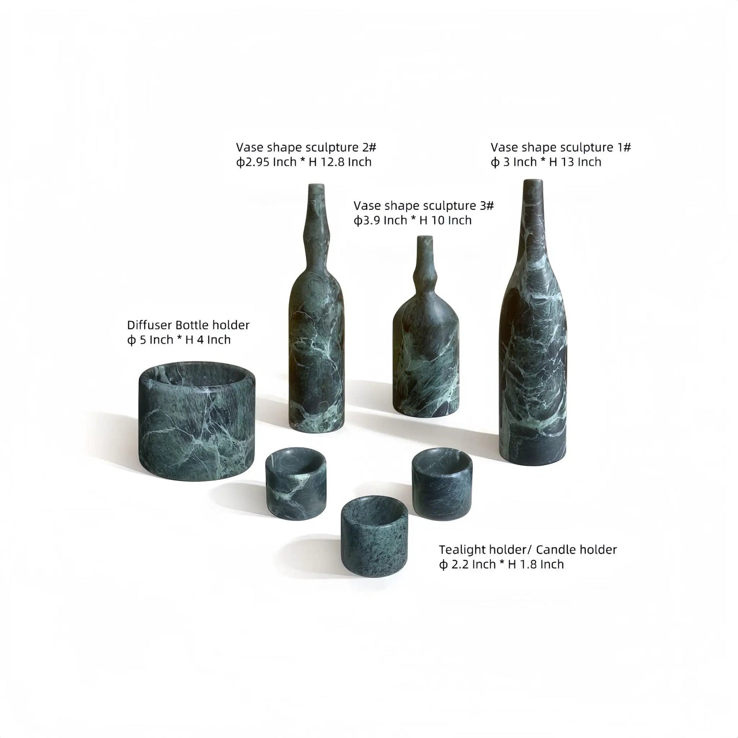 7-Piece natural marble living room accessories set with dark green vases and holders on Tampa Home & Garden Store