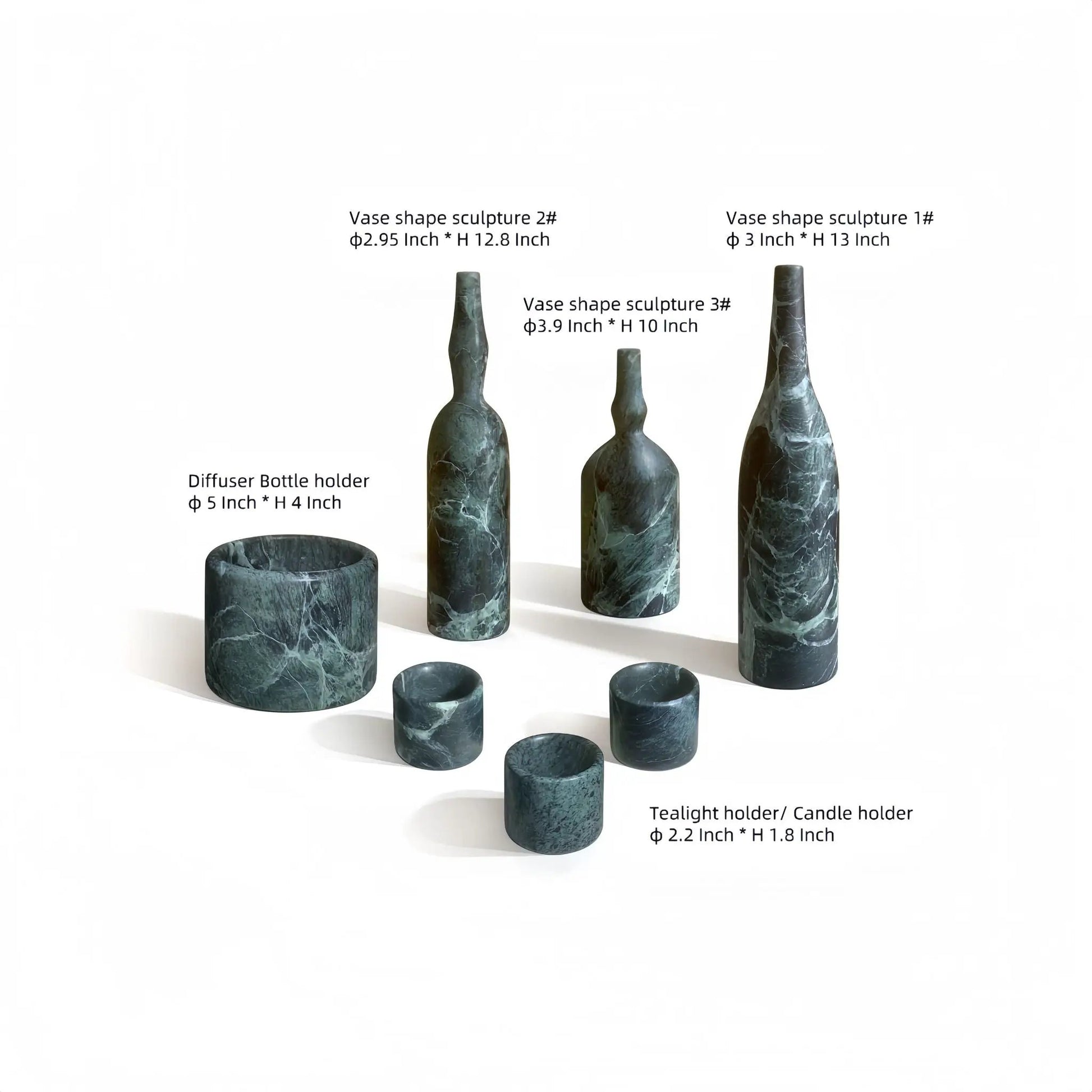 7-Piece natural marble living room accessories set with dark green vases and holders on Tampa Home & Garden Store
