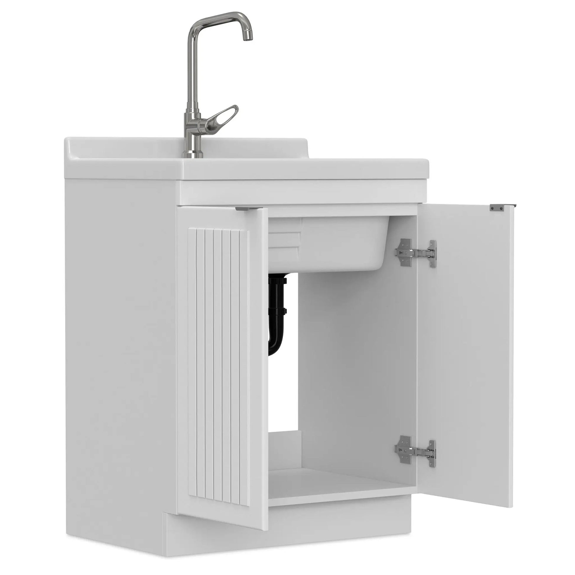 Murphy laundry cabinet with chrome gooseneck faucet, white sink, ribbed cabinet panel on Tampa Home & Garden Store