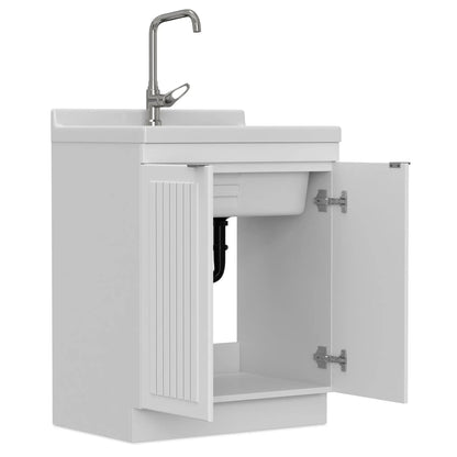 Murphy laundry cabinet with chrome gooseneck faucet, white sink, ribbed cabinet panel on Tampa Home & Garden Store