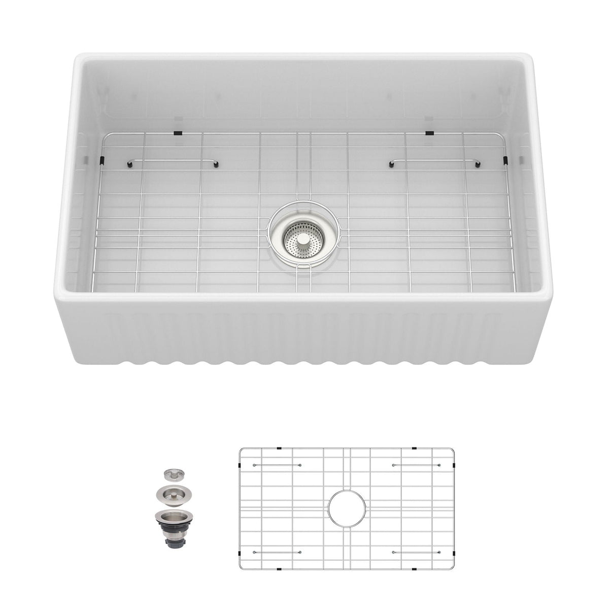 Apron-front reversible single-bowl sink with accessories white steel grid rack on Tampa Home & Garden Store