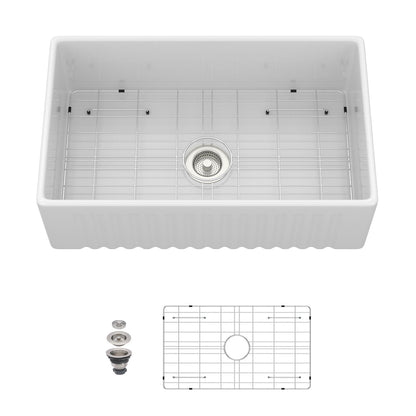 Apron-front reversible single-bowl sink with accessories white steel grid rack on Tampa Home & Garden Store