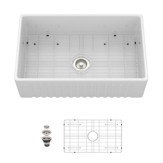 Apron-front reversible single-bowl sink with accessories white steel grid rack on Tampa Home & Garden Store