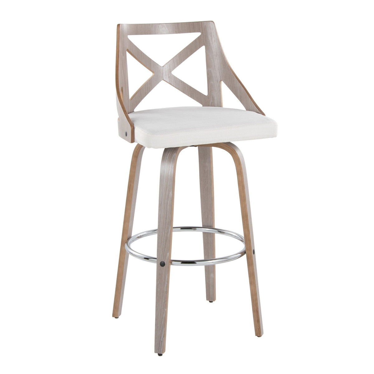 Farmhouse fixed-height bar stool with graywashed wood and beige upholstered seat, HouseOfZazla on Tampa Home & Garden Store