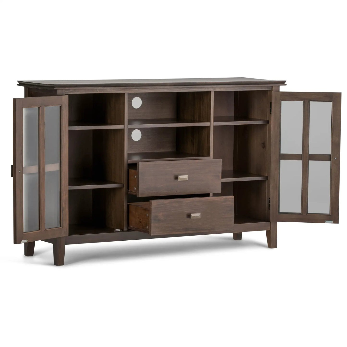 Artisan tall TV stand in natural aged brown wood with glass-front doors by Unique Piece on Tampa Home & Garden Store