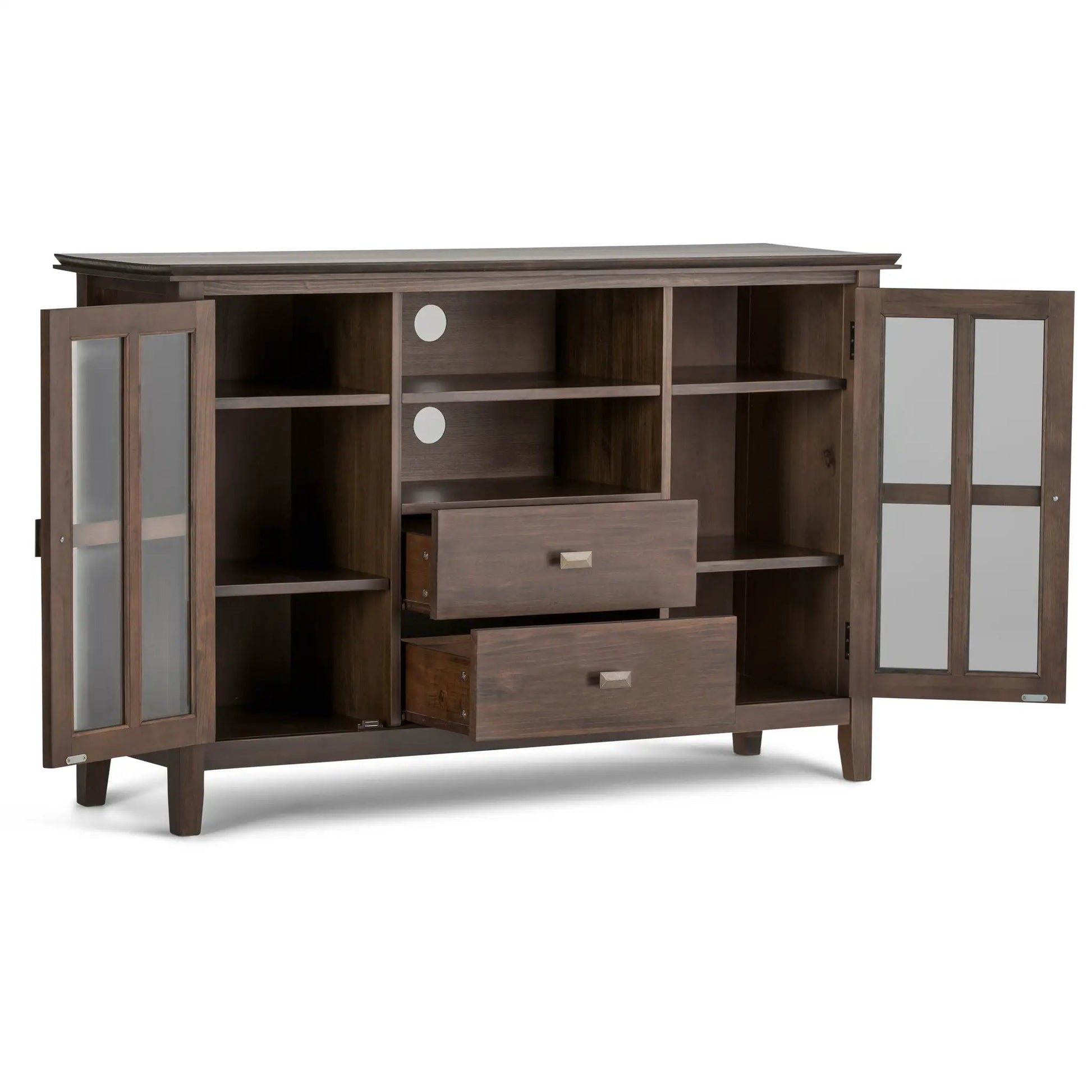 Artisan tall TV stand in natural aged brown wood with glass-front doors by Unique Piece on Tampa Home & Garden Store