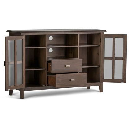 Artisan tall TV stand in natural aged brown wood with glass-front doors by Unique Piece on Tampa Home & Garden Store