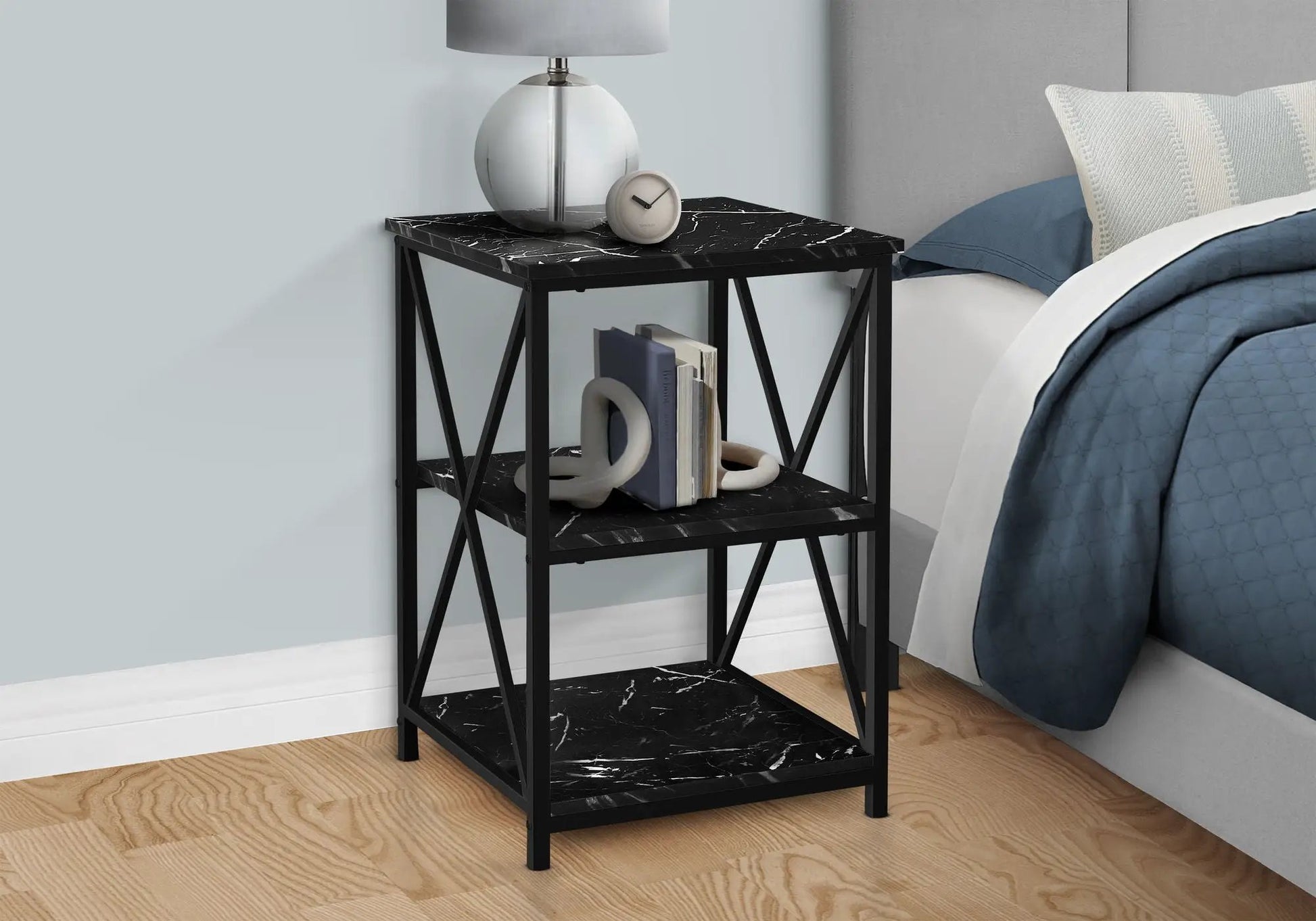 3 Tier Accent Table with black marble-look top and metal frame for a contemporary bedside area on Tampa Home & Garden Store
