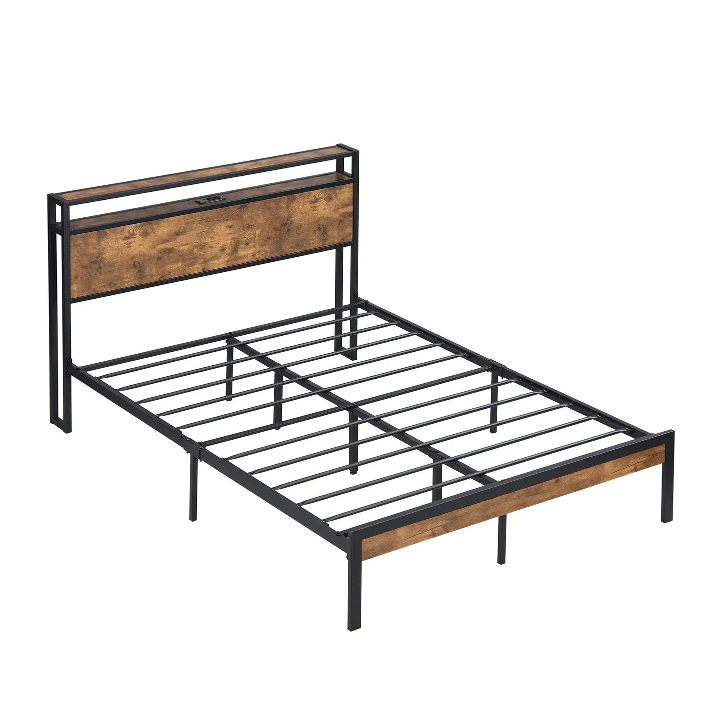 Platform bed frame with wooden headboard and footboard, black metal frame, USB liner on Tampa Home & Garden Store