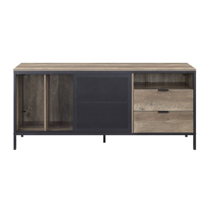 Nantan Rustic TV Stand with wood grain top, black metal frame, mesh panel, and right drawers on Tampa Home & Garden Store
