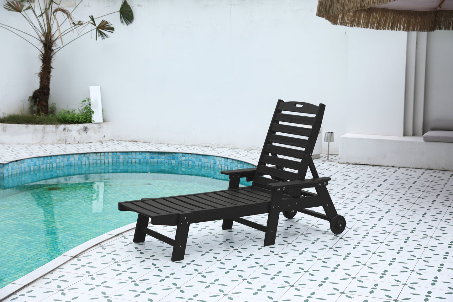Outdoor lounge chair with dark wood texture and adjustable backrest on Tampa Home & Garden Store