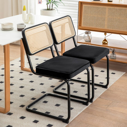 Dining Chairs Set of 2 velvet wicker side decorative chairs, black painted legs, modern medieval Bruell designed chairs,