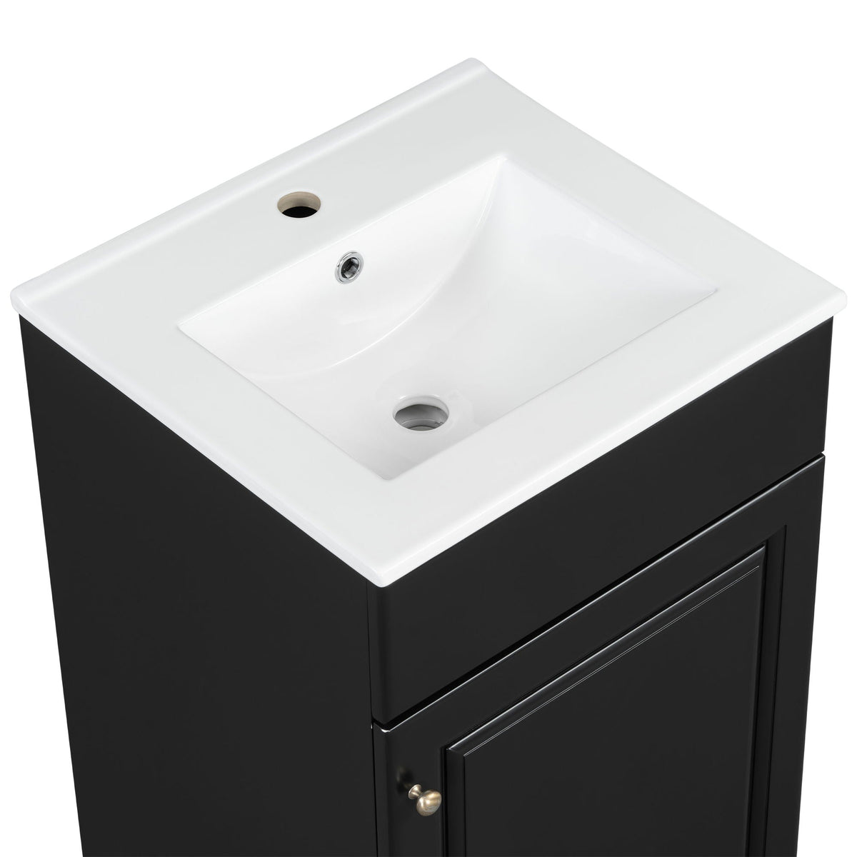 Bathroom vanity with white countertop and integrated sink on black cabinet with brass knobs on Tampa Home & Garden Store