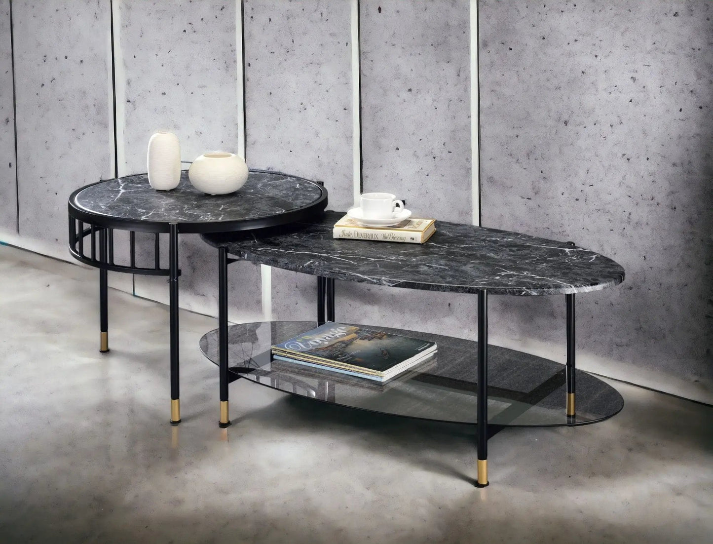 Silas nesting table with black engineered stone top; round upper, oval lower shelf on Tampa Home & Garden Store