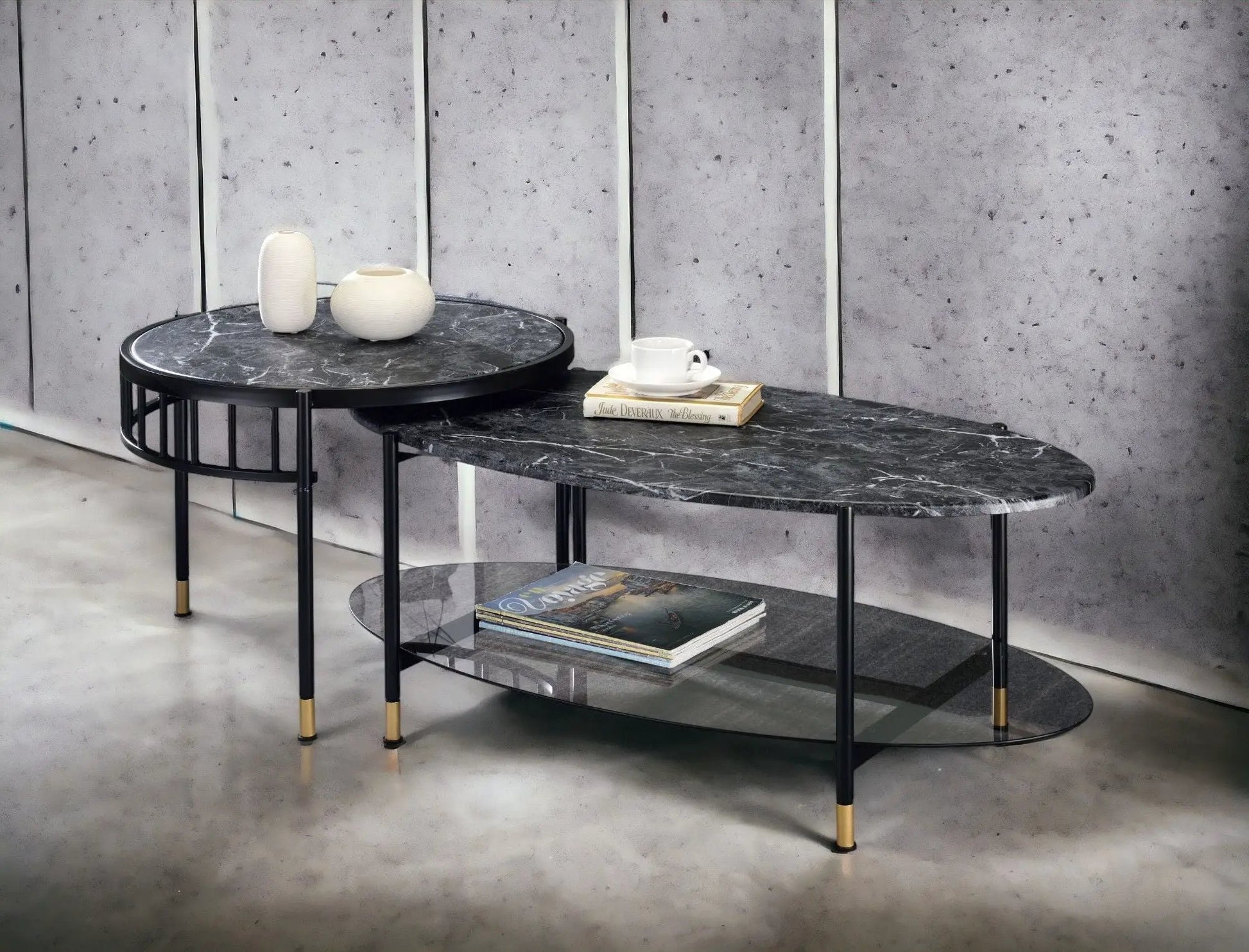 Silas nesting table with black engineered stone top; round upper, oval lower shelf on Tampa Home & Garden Store