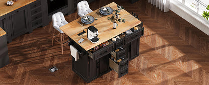 K&K 56.5'' Kitchen Island with Drop Leaf, wood top, black base, power outlet by HouseOfZazla on Tampa Home & Garden Store