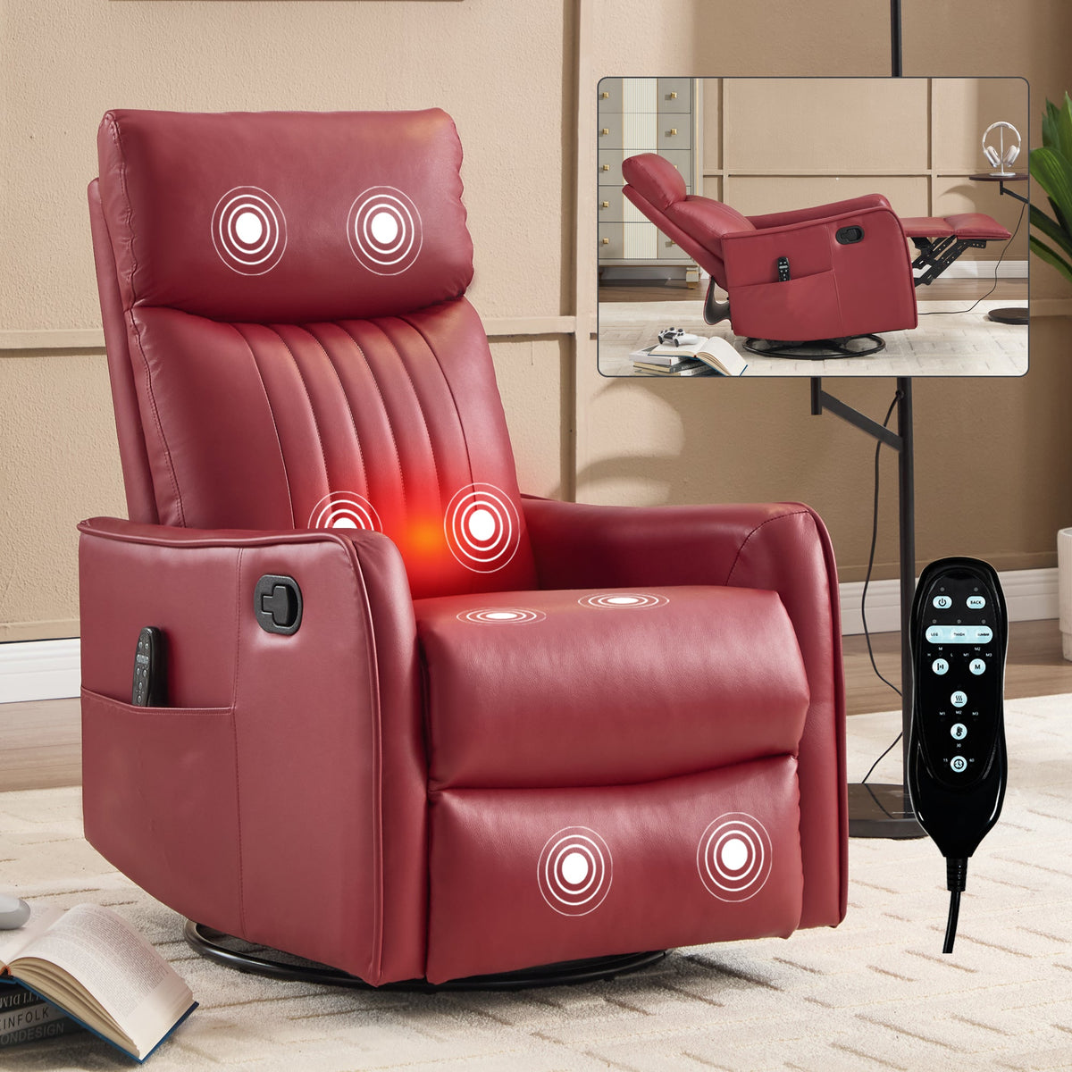 Manual recliner chair with red faux leather heat massage rocker and swivel by HouseOfZazla on Tampa Home & Garden Store