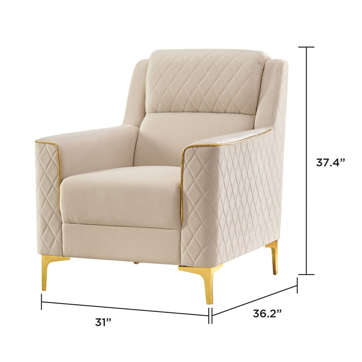 Upholstered beige armchair with diamond quilted back and gold-tone legs on Tampa Home & Garden Store