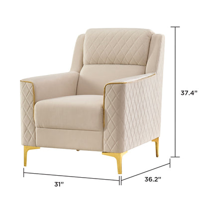 Upholstered beige armchair with diamond quilted back and gold-tone legs on Tampa Home & Garden Store
