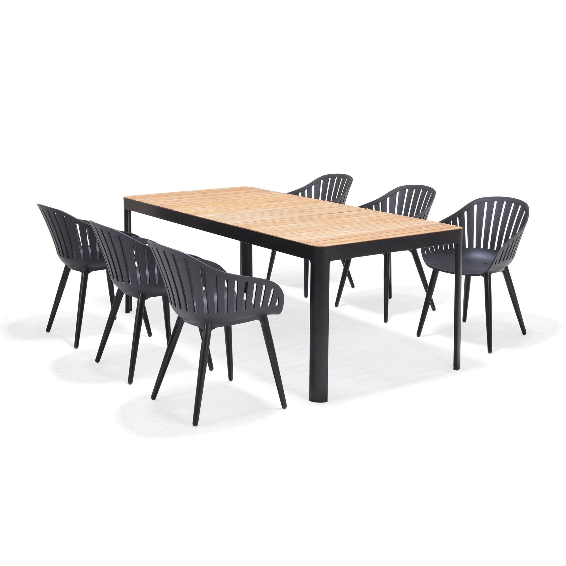 Portals dark rectangular teak table with 6 Nassau black aluminum dining chairs on Tampa Home & Garden Store