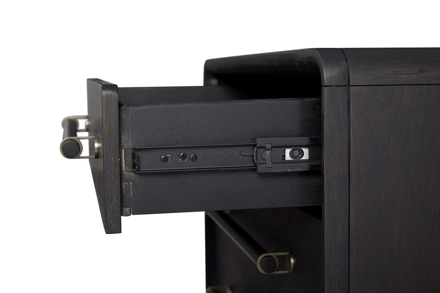 3 Drawer Nightstand With USB - Black with dark wood finish and metal hardware, drawer shown open on Tampa Home & Garden Store