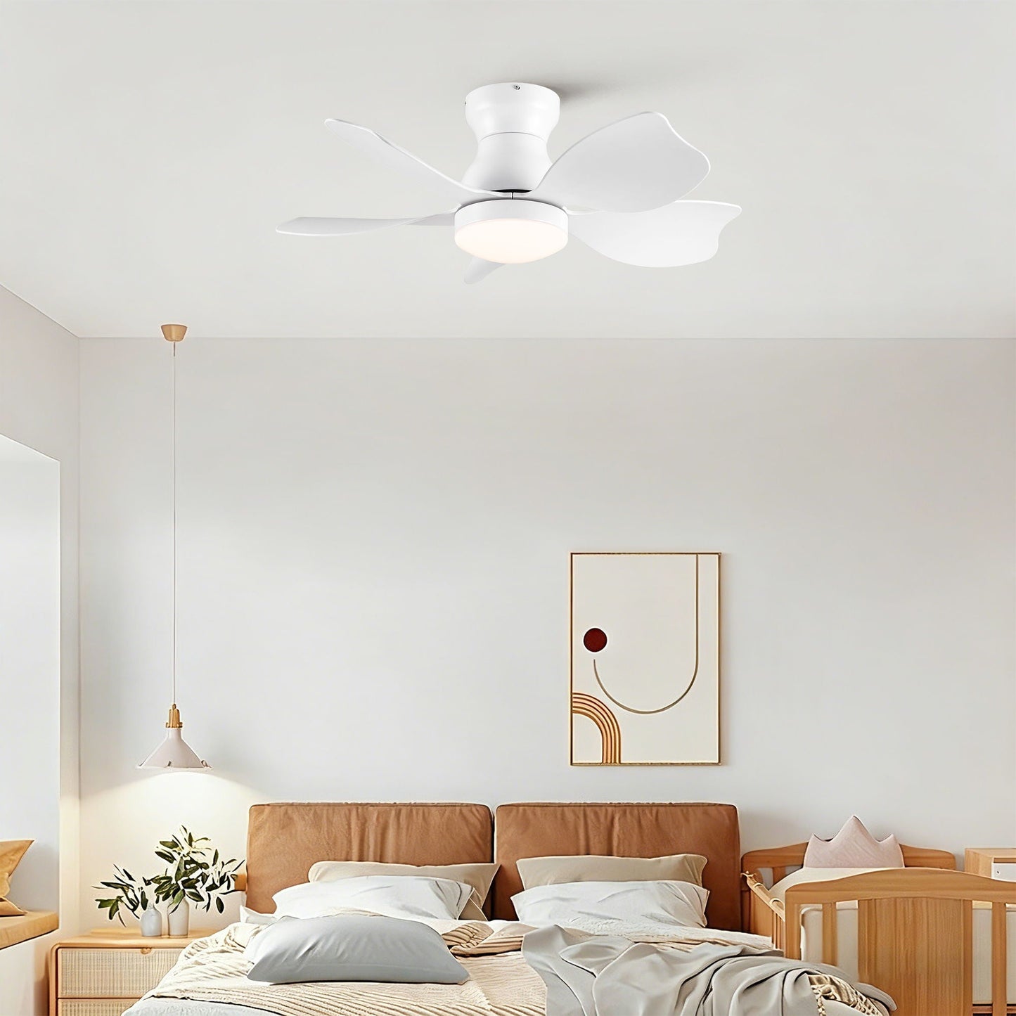 Low Profile Flush Mount Ceiling Fan With Light by HouseOfZazla, white with leaf-shaped blades on Tampa Home & Garden Store