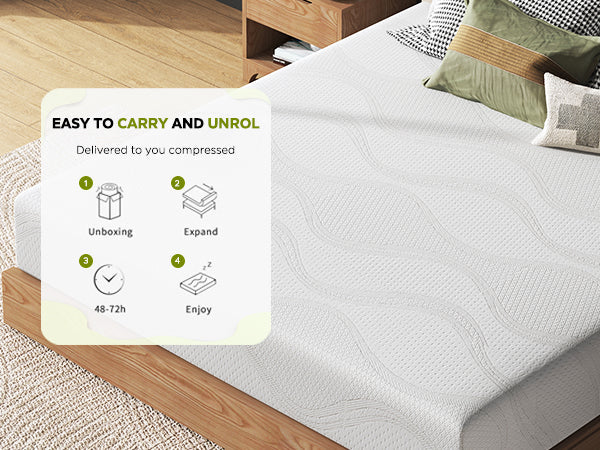 Queen Size Memory Foam Mattress 10 Inch cooling on bed with white quilted cover on Tampa Home & Garden Store