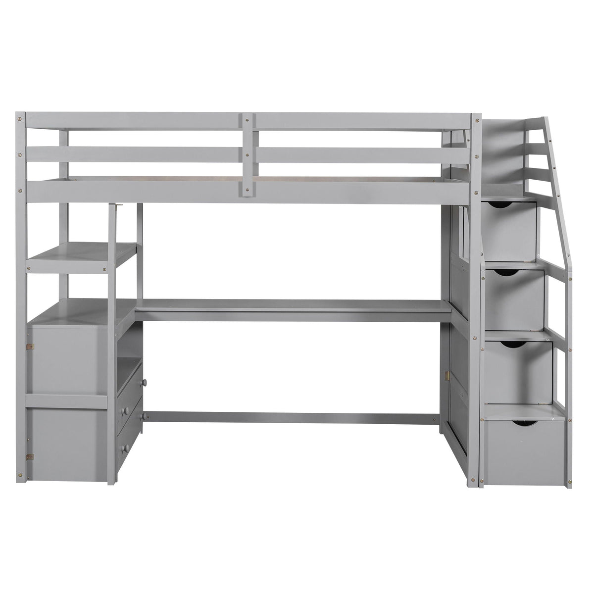 Loft bed with desk, shelves, 2 drawers and storage staircase in grey metal by HouseOfZazla on Tampa Home & Garden Store