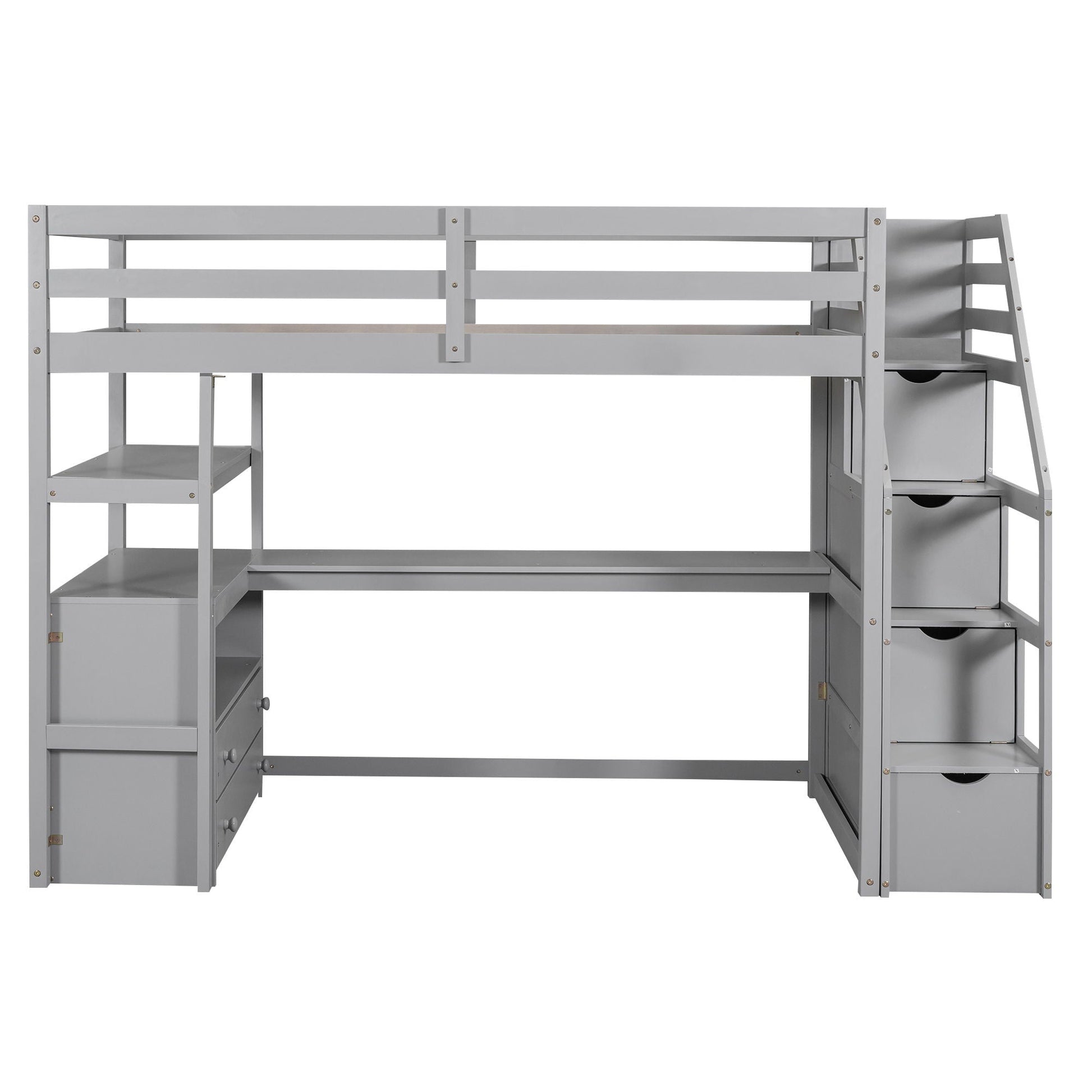Loft bed with desk, shelves, 2 drawers and storage staircase in grey metal by HouseOfZazla on Tampa Home & Garden Store