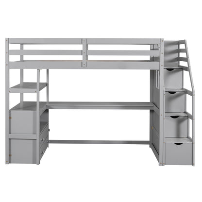 Loft bed with desk, shelves, 2 drawers and storage staircase in grey metal by HouseOfZazla on Tampa Home & Garden Store