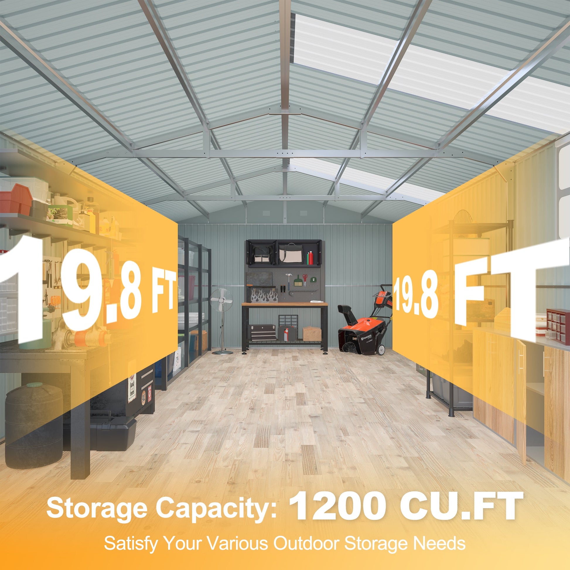 Outdoor Storage Shed 20x10 FT interior with gray metal framing and organized tool shelves on Tampa Home & Garden Store