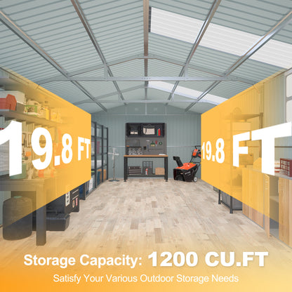 Outdoor Storage Shed 20x10 FT interior with gray metal framing and organized tool shelves on Tampa Home & Garden Store