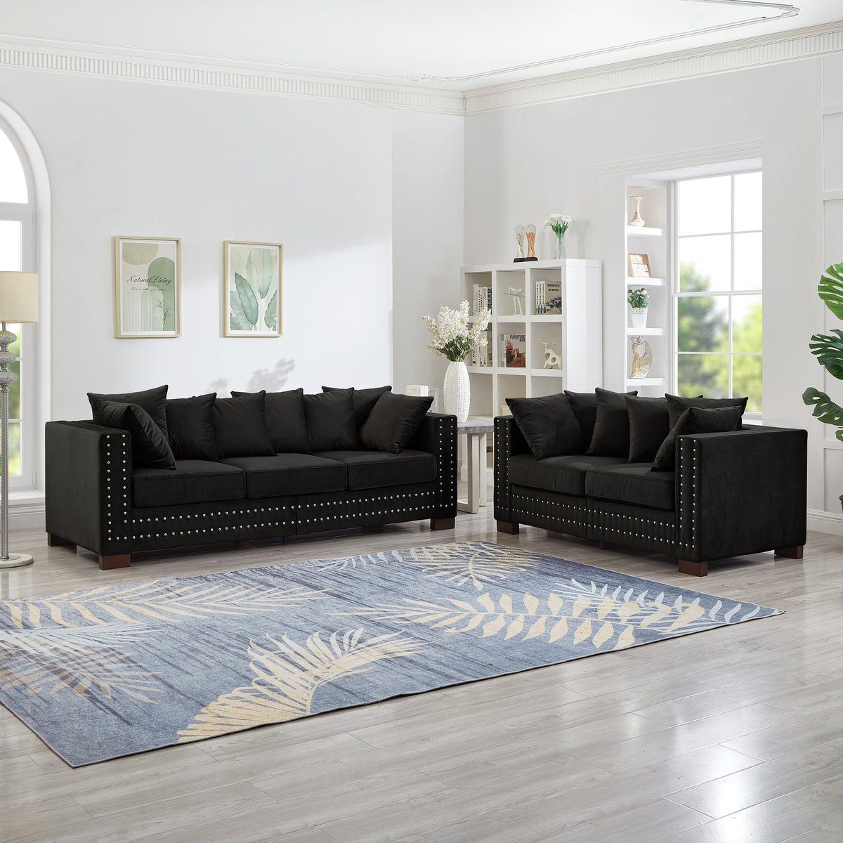 Modern Velvet and Wooden Living Room Sofa Set