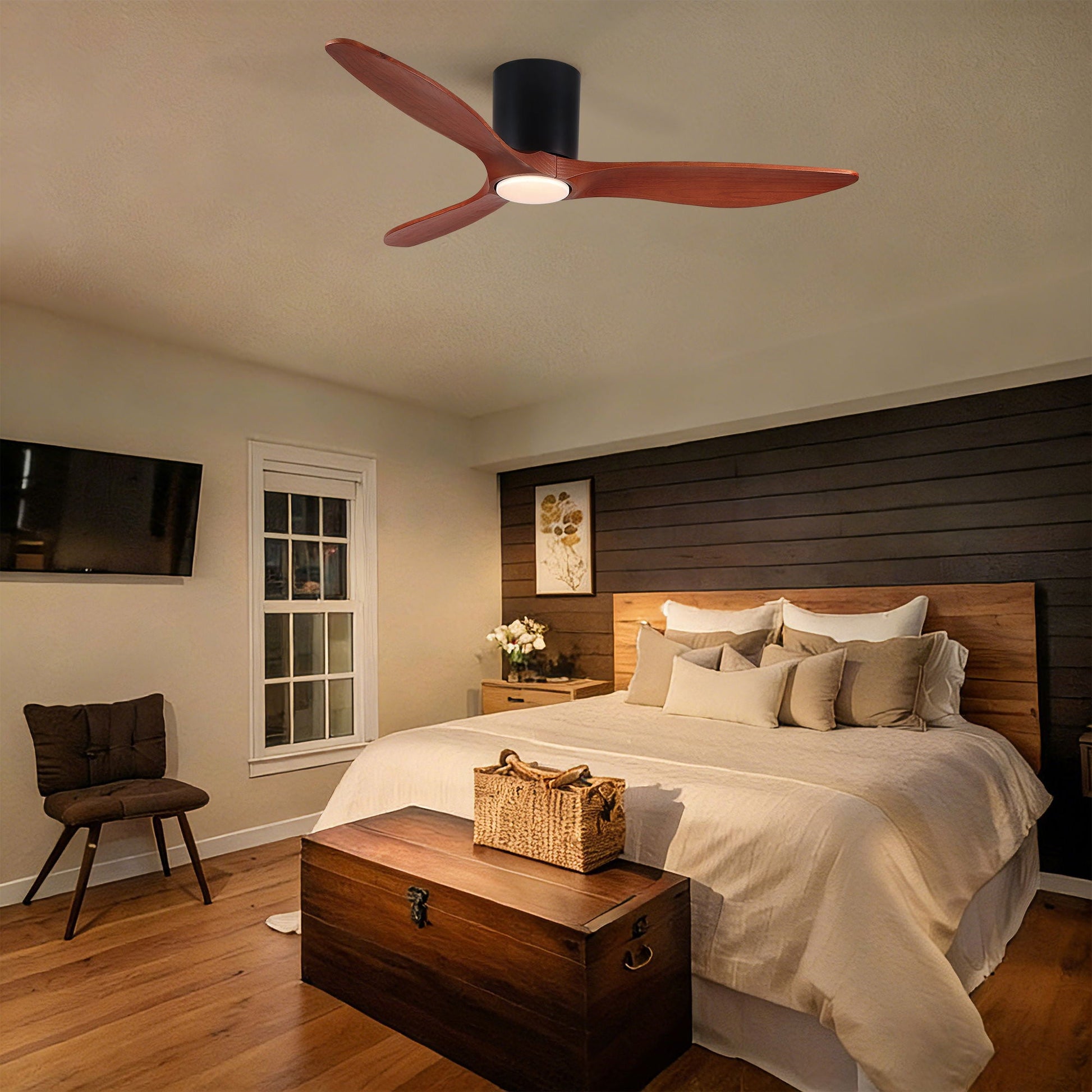 Low-profile matte black ceiling fan with integrated light and three wood blades, flush mount on Tampa Home & Garden Store